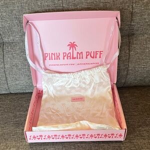 Pink Palm Puff Box & Satin Drawstring Bag